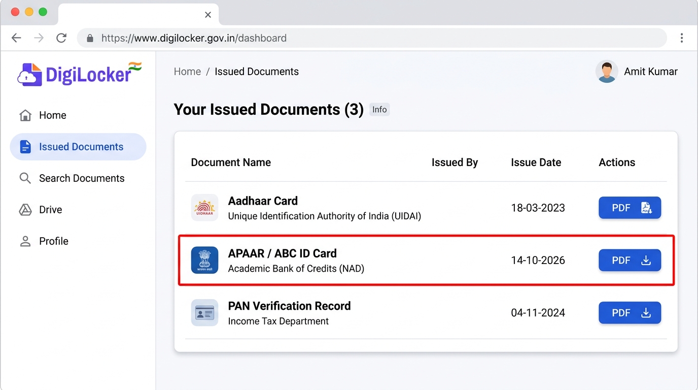 APAAR ID Card Login in DigiLocker Issued Documents (Apar ID Card)