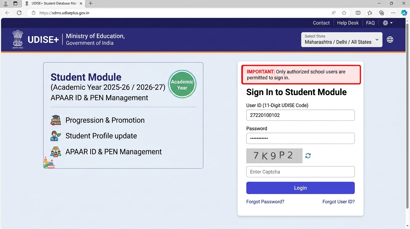 UDISE Plus Student Module Login Portal for School APAAR ID Generation (udiseplus.gov.in)